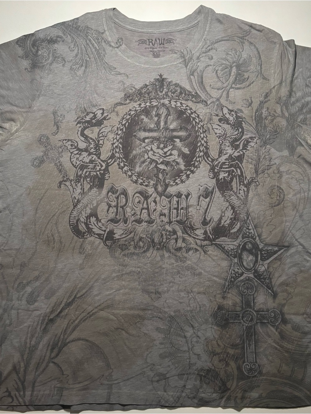 Affliction style cross dragon RAW all over print floral grunge shirt